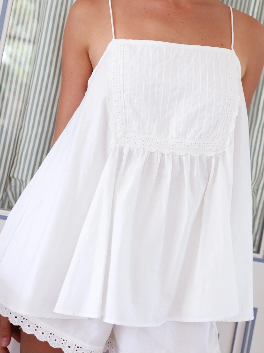 Piyama Lydia Sleep Tank Top M White Eyelet Trim Cottage Core Coastal Bridal